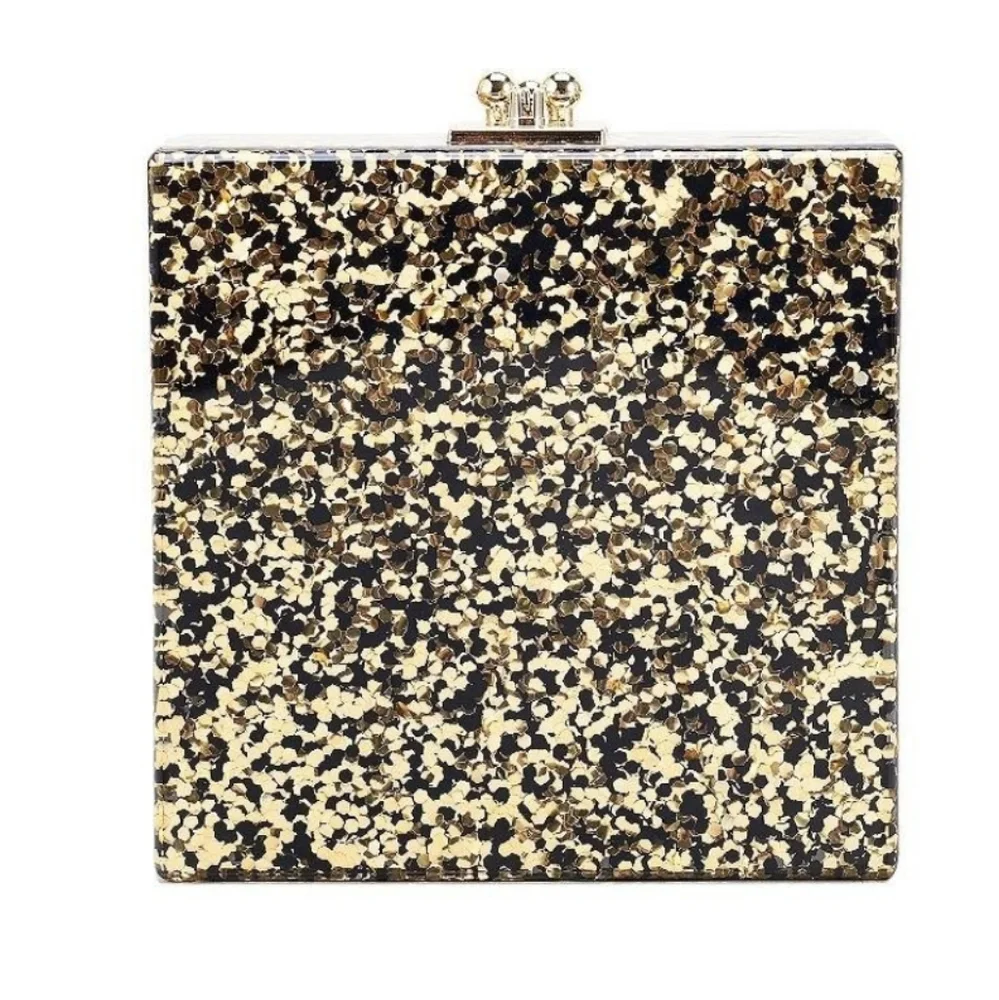 LIKE DREAMS Alexa Confetti Glitter Acrylic Purse Clutch Gold Black Crossbody New